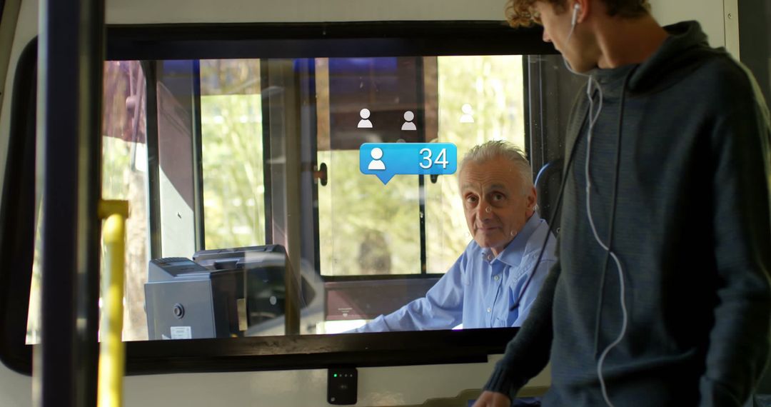 Teen Engaging with Bus Driver and Social Media Notifications