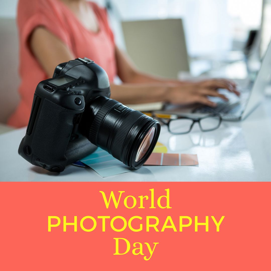 Celebrating World Photography Day with Professional Camera and Laptop