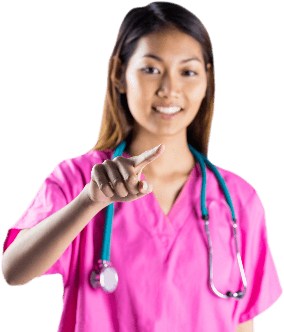 Transparent Asian Nurse Pointing Forward with Stethoscope