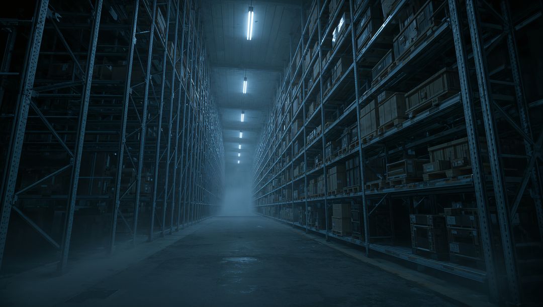 Leading Empty Industrial Warehouse Aisle Toward Vanishing Point with Pallet Racking and Mist