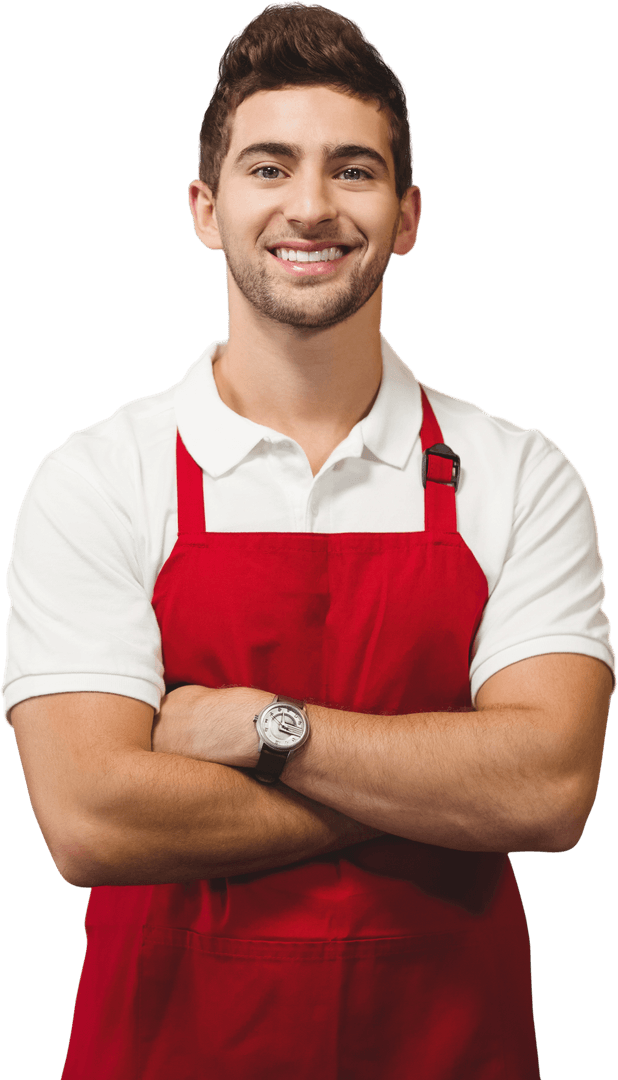 Confident Male Retail Worker in Red Apron on Transparent Background