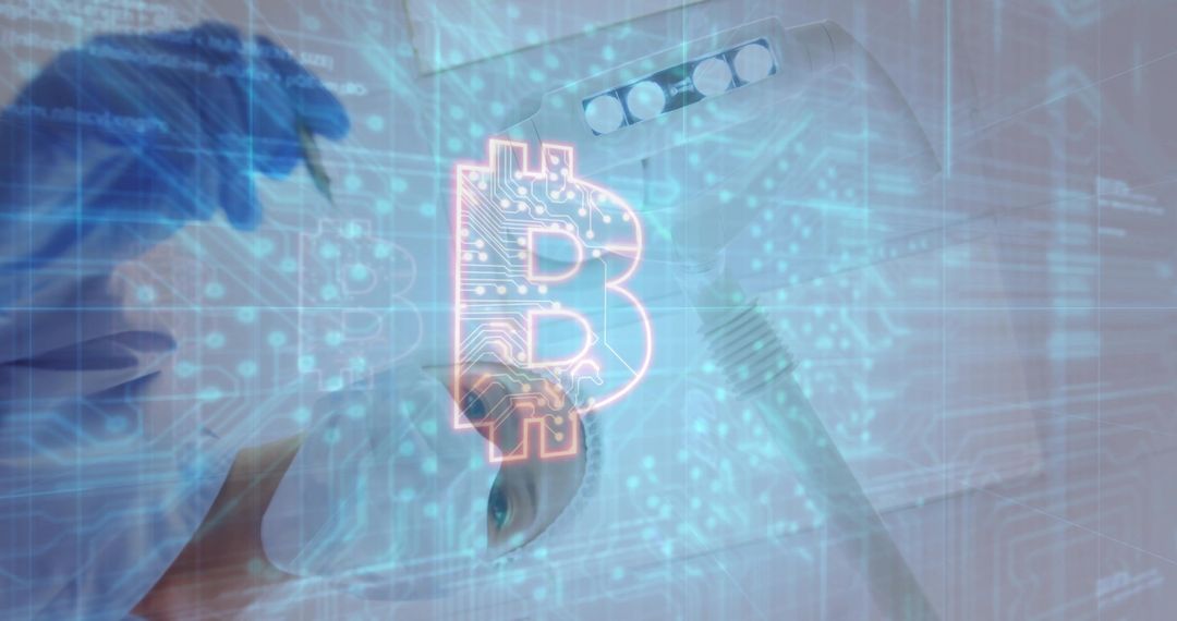 Technician Interacting with Holographic Bitcoin Symbol in Digital Setting