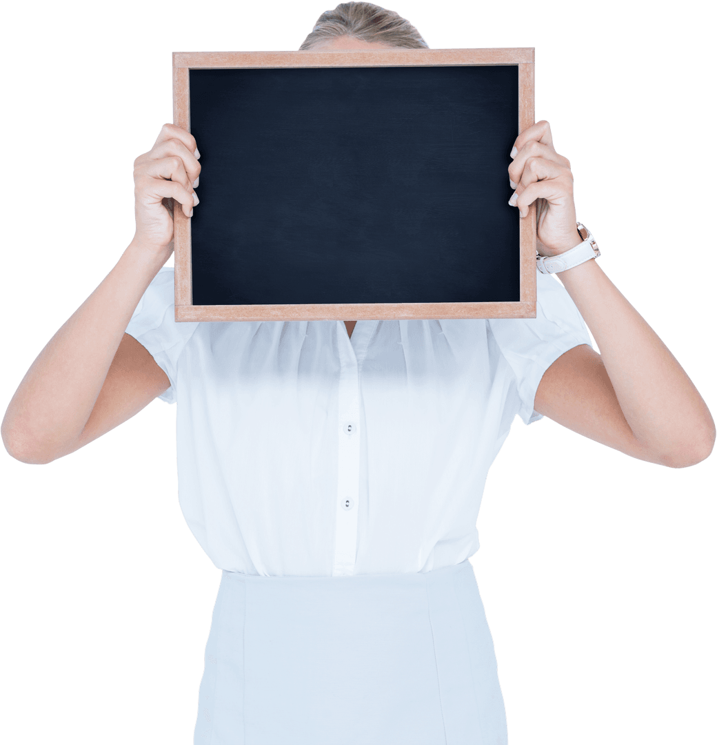 Businesswoman Holding Small Chalkboard for Message With Transparent Background