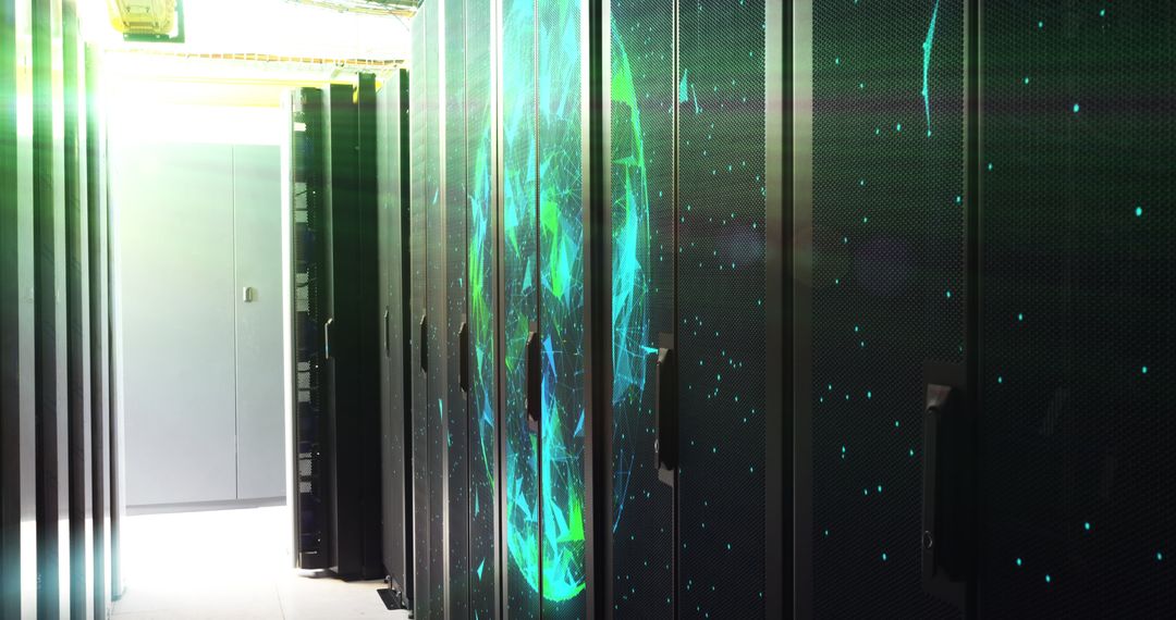 Futuristic Server Room with Digital Display Elements