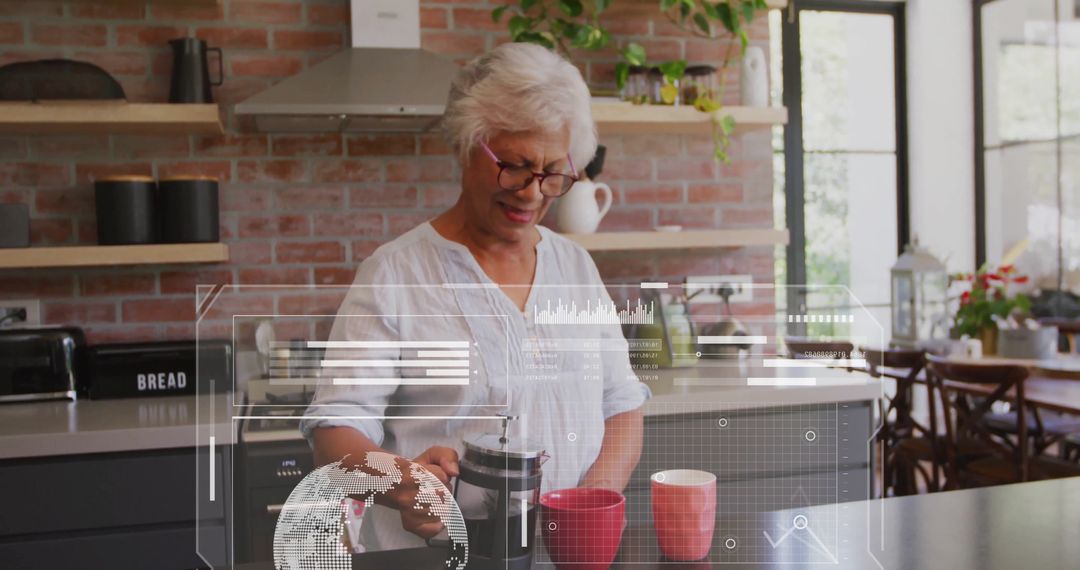 Senior Woman Using Digital Interface in Modern Kitchen