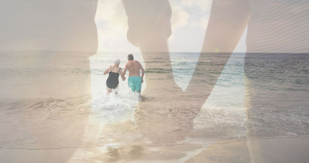 Senior Couple Enjoying Beach with Dreamy Overlapping Imagery