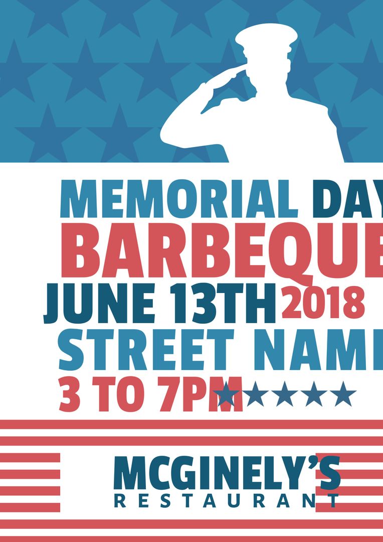 Memorial Day BBQ Event Poster with Saluting Soldier and Patriotic Design
