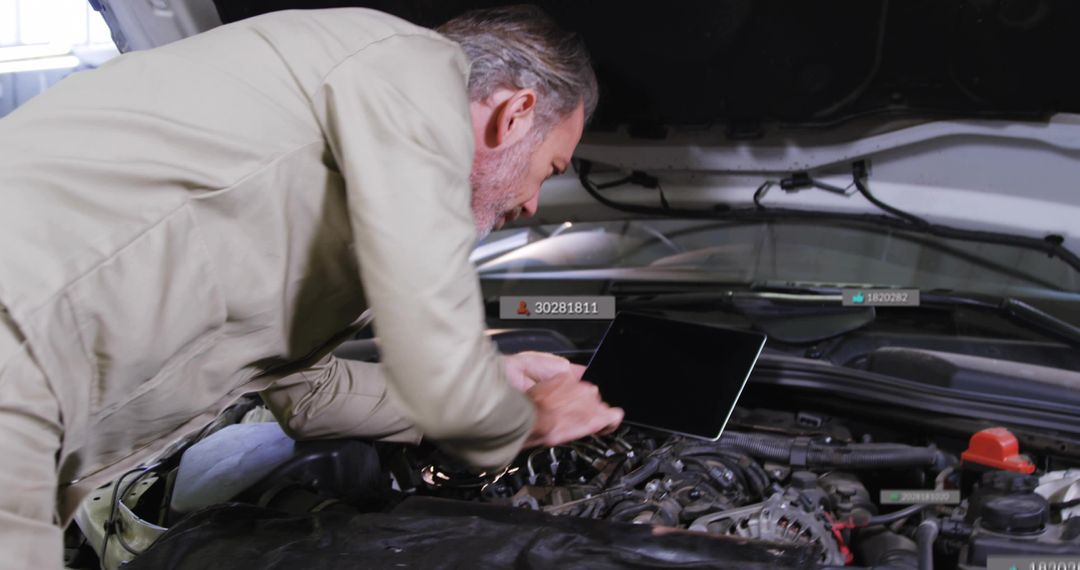 Senior Man Inspecting Car Engine with Laptop for Diagnostics in Garage Workshop
