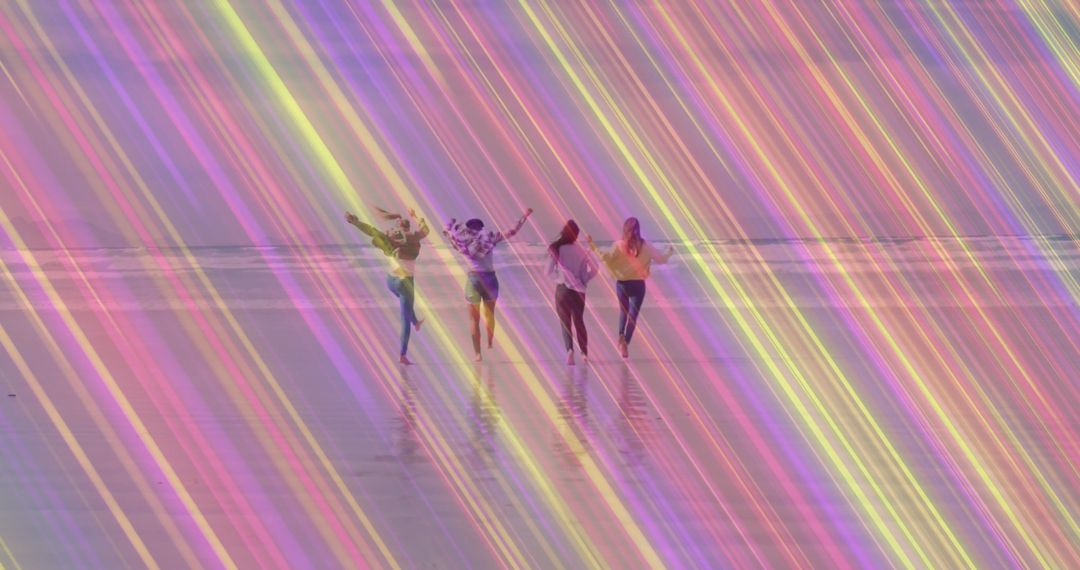 Group of Friends Running on Beach with Pastel Sky Effects