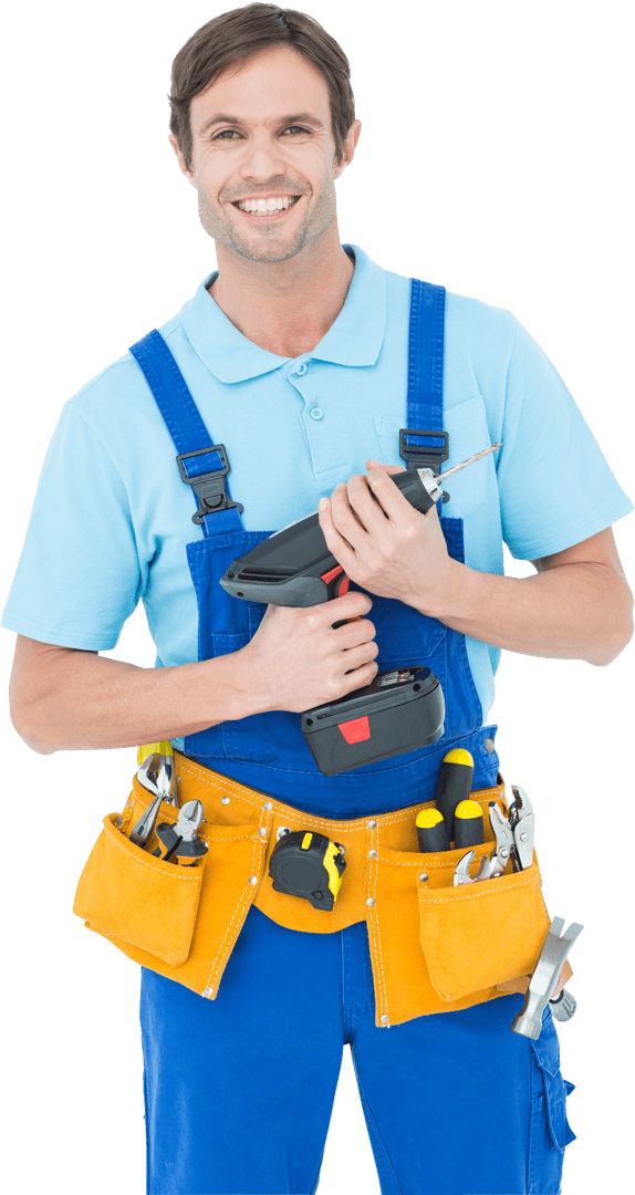 Confident Carpenter Holding Drill on Transparent Background
