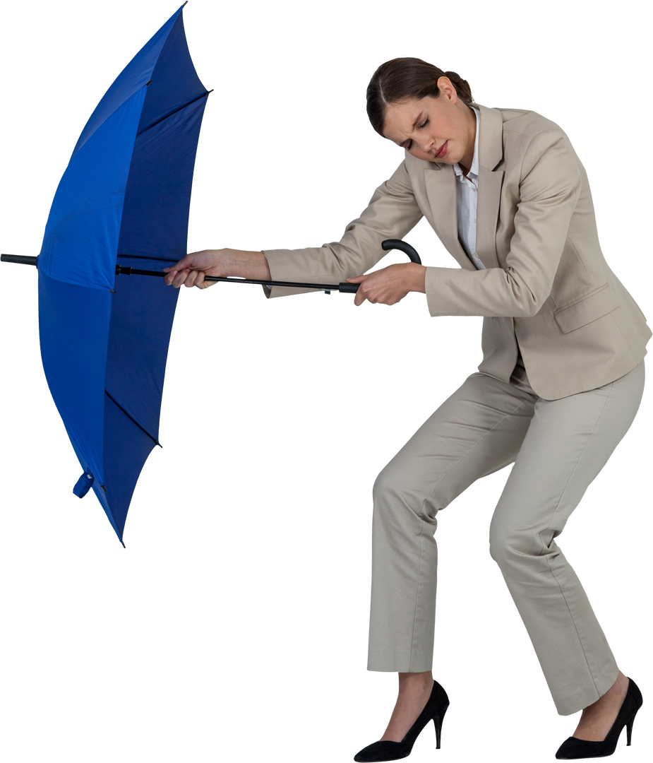 Businesswoman Struggling with Blue Umbrella on Transparent Background - Download Free Stock Images Pikwizard.com