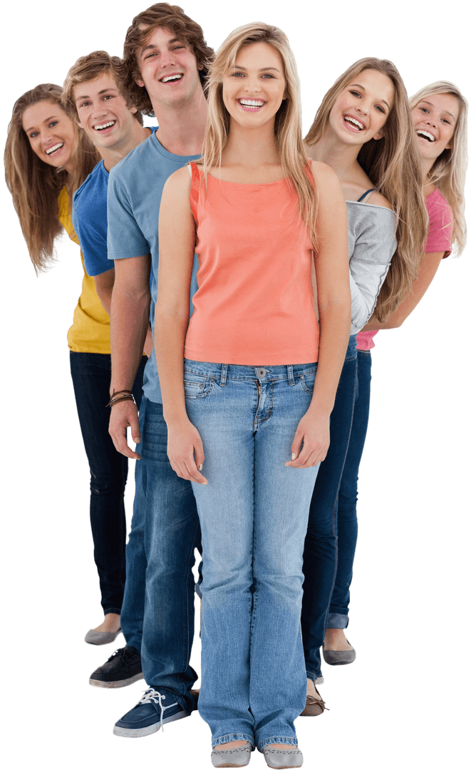 Smiling Group of Friends Standing in Line on Transparent Background