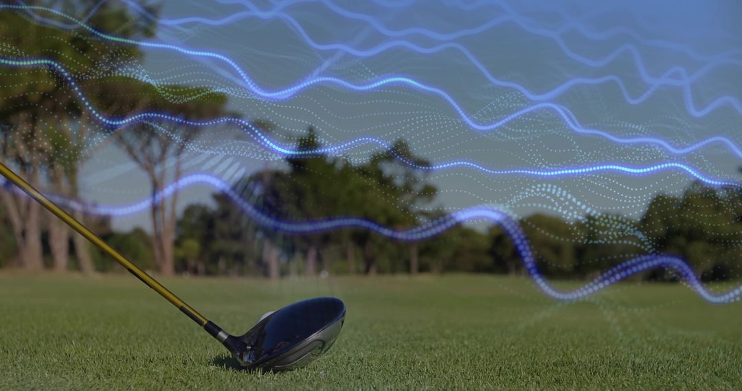 Leaning golf driver on fairway with digital waveforms merging sport and technology imagery