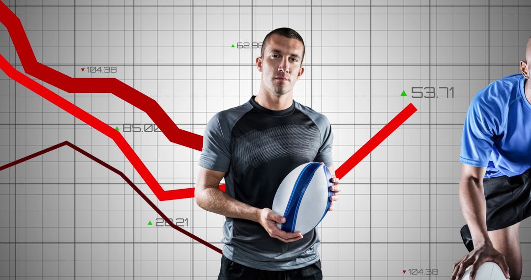 Rugby Player Holding Ball Over Business Statistics Visualization