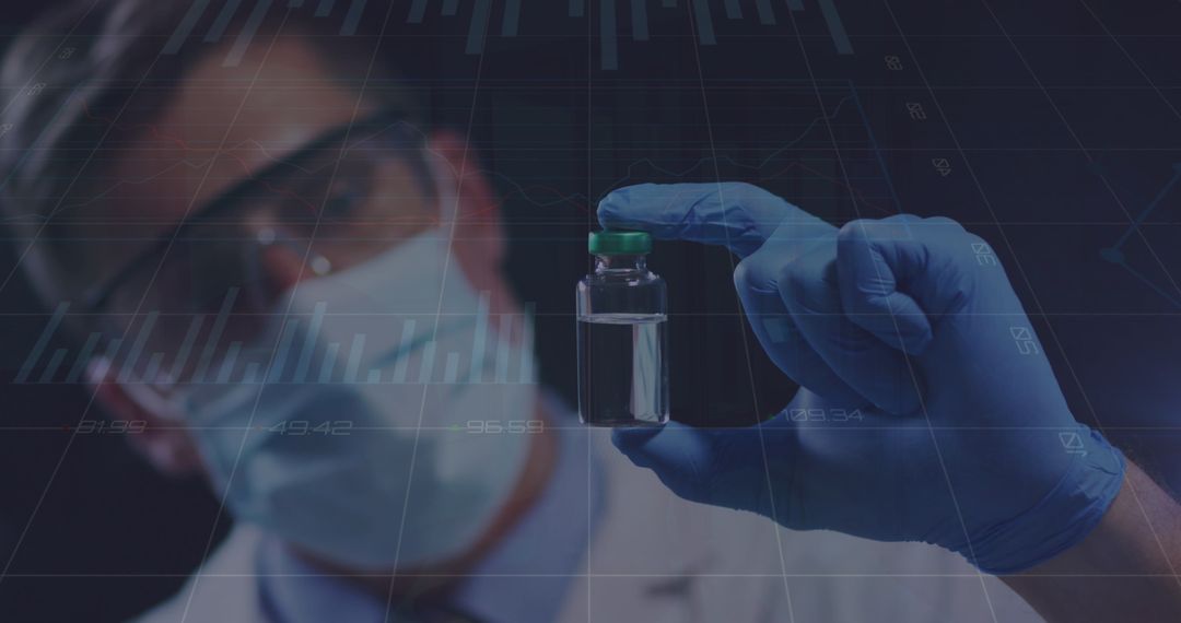 Doctor Holding Vaccine Flask with Digital Data Overlay
