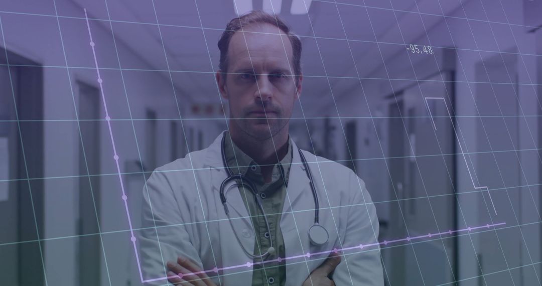 Confident Doctor with Data Overlay in Modern Hospital Corridor