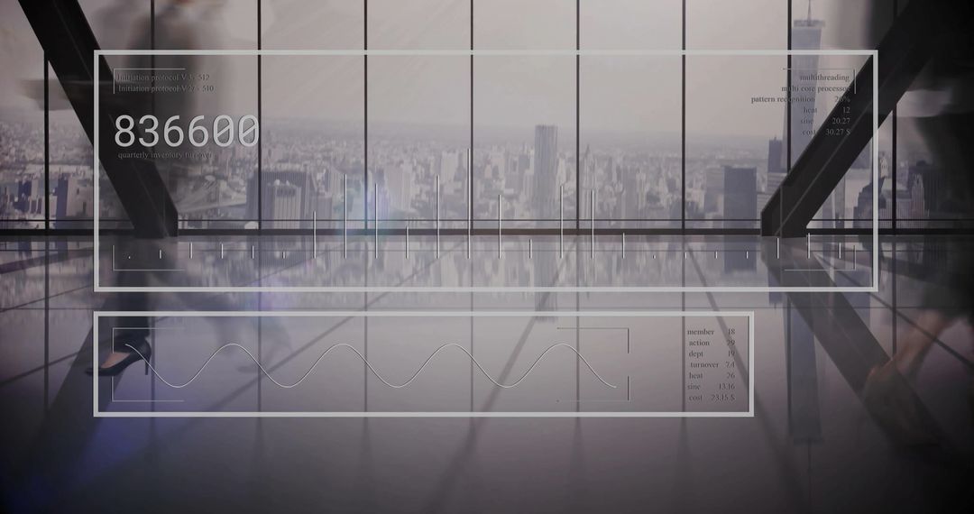 Financial Data Display Overlaying Busy Office Environment