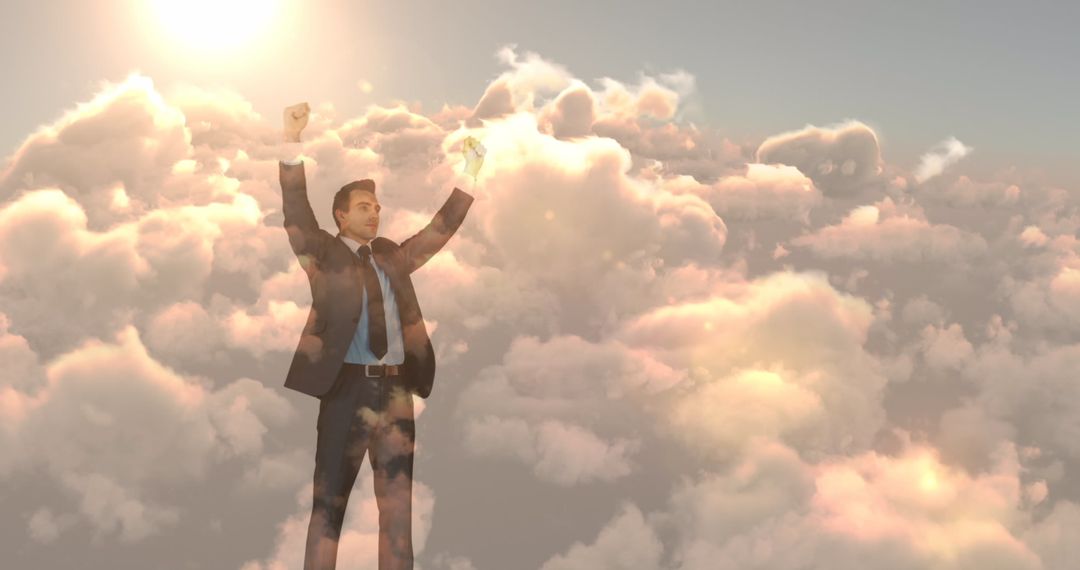 Triumphant Businessman Celebrating Success on Cloudy Horizon