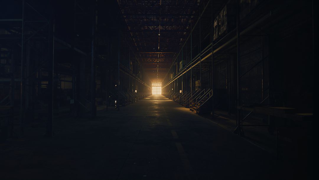Sunlit Exit in Dark Industrial Warehouse