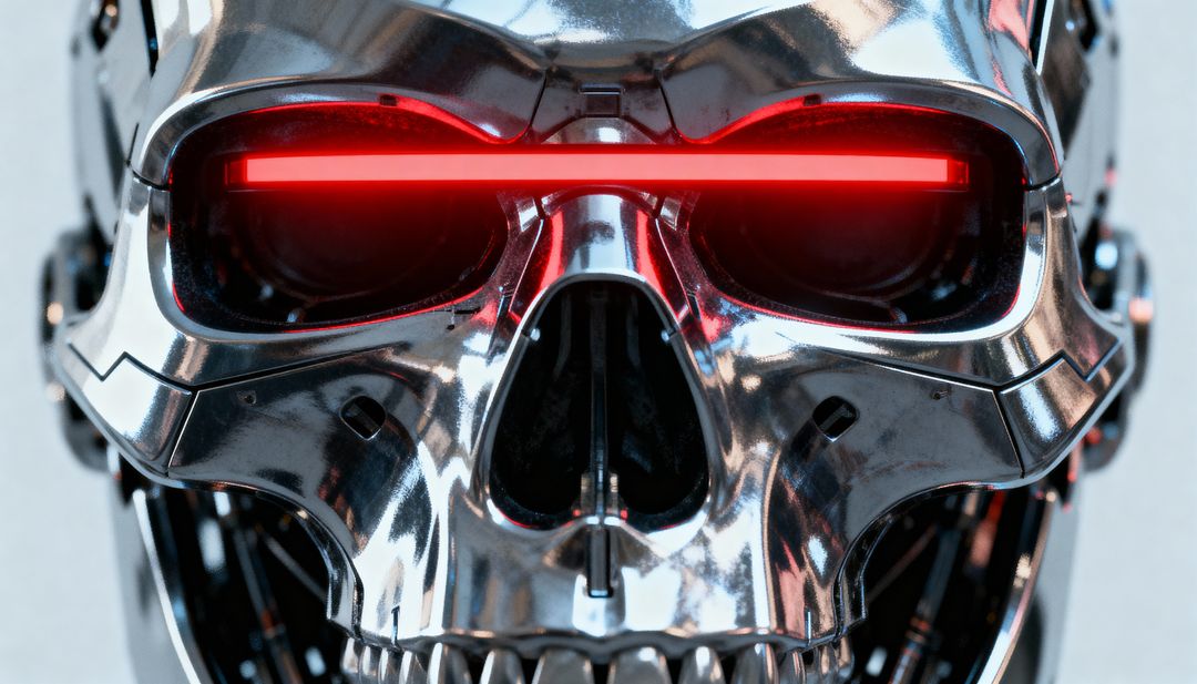 Chrome Robotic Skull with Red LED Visor Reflecting Lights Futuristic Cyberpunk Close-Up