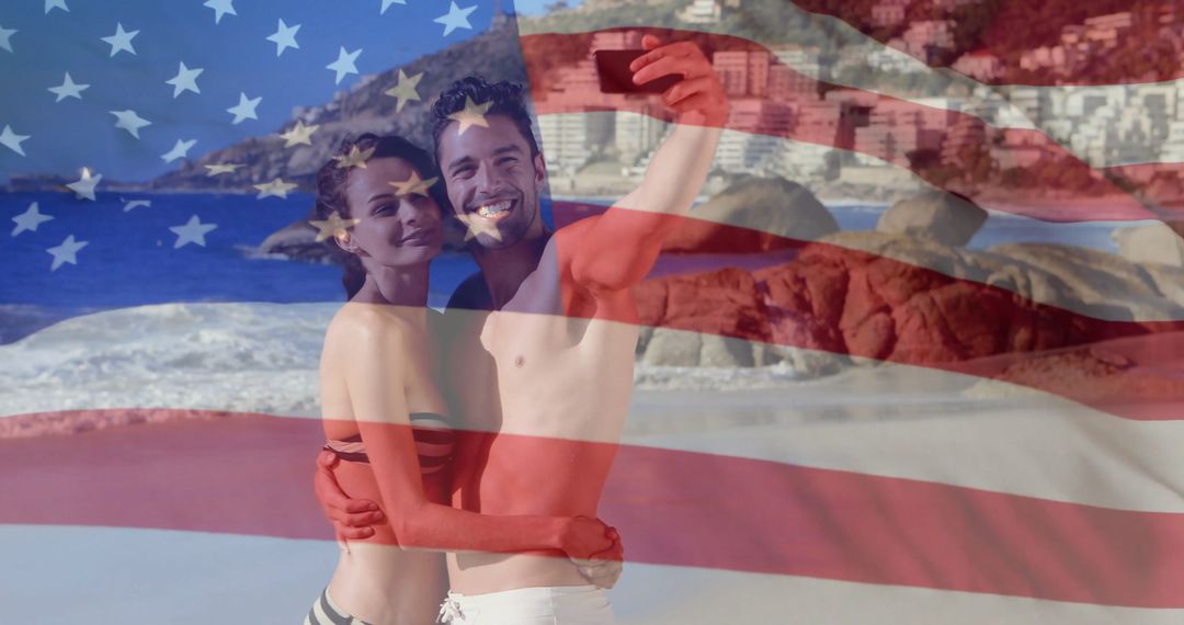 Couple Hugging at Beach with USA Flag Overlay
