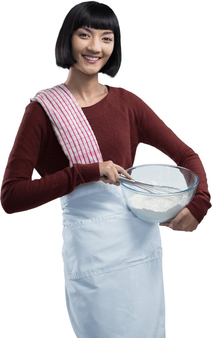Smiling Female Chef Mixing Flour with Transparent Background