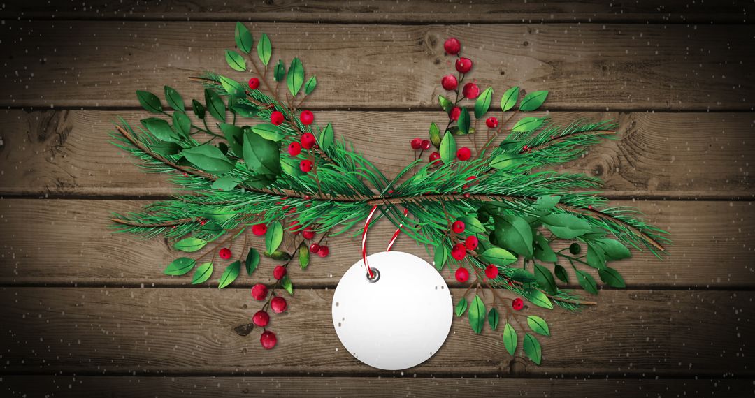 Festive Christmas Gift Tag with Greenery on Rustic Wood