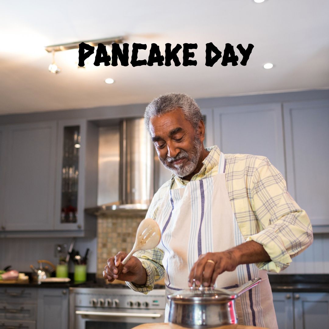 Elderly Man Joyfully Cooking Pancakes in Home Kitchen for Pancake Day
