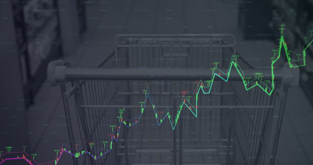 Financial Data Overlaid on Empty Shopping Cart in Store