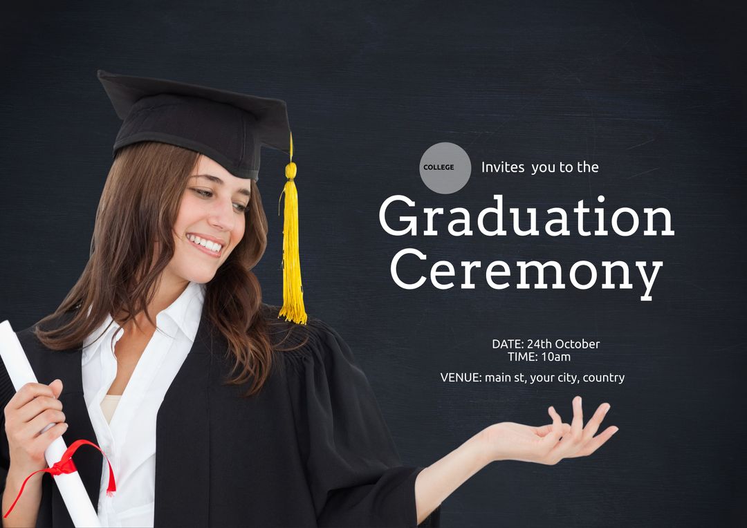 Graduation Ceremony Invitation Template with Smiling Female Graduate - Download Free Stock Templates Pikwizard.com