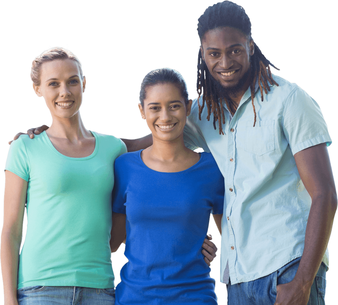 Diverse Friends Smiling Embracing on Transparent Background