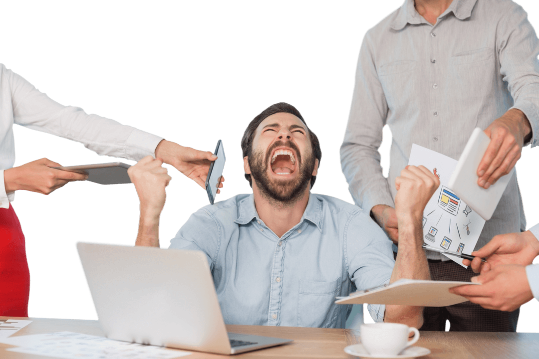 Frustrated Businessman Overwhelmed by Work with Transparent Background