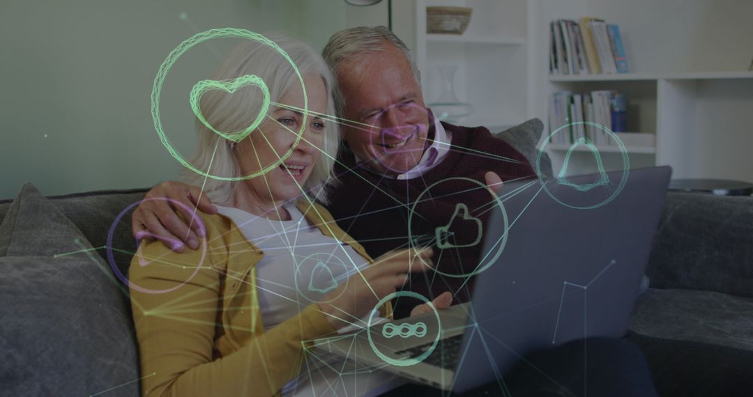 Senior Couple Using Laptop with Social Media Interface Overlay