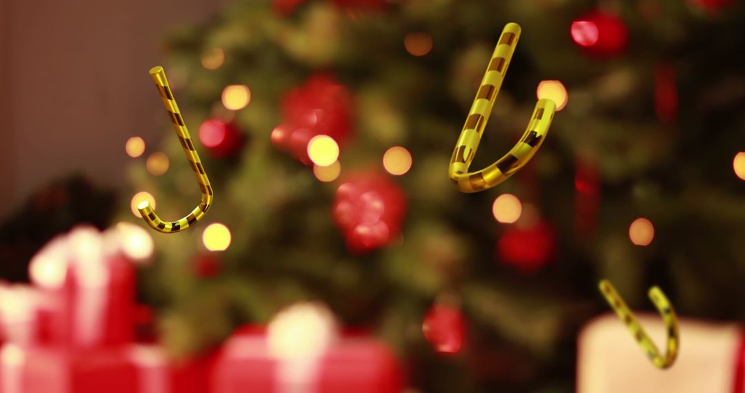 Floating Gold and Black Candy Cane Ornaments with Christmas Tree