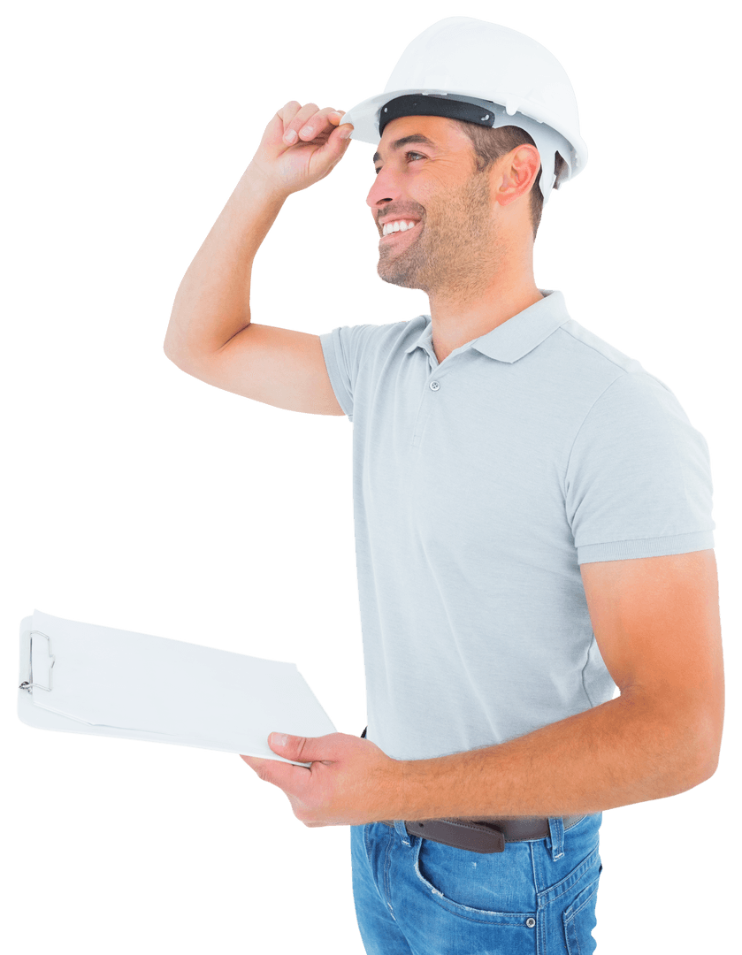 Transparent Smiling Construction Worker with Hard Hat and Clipboard