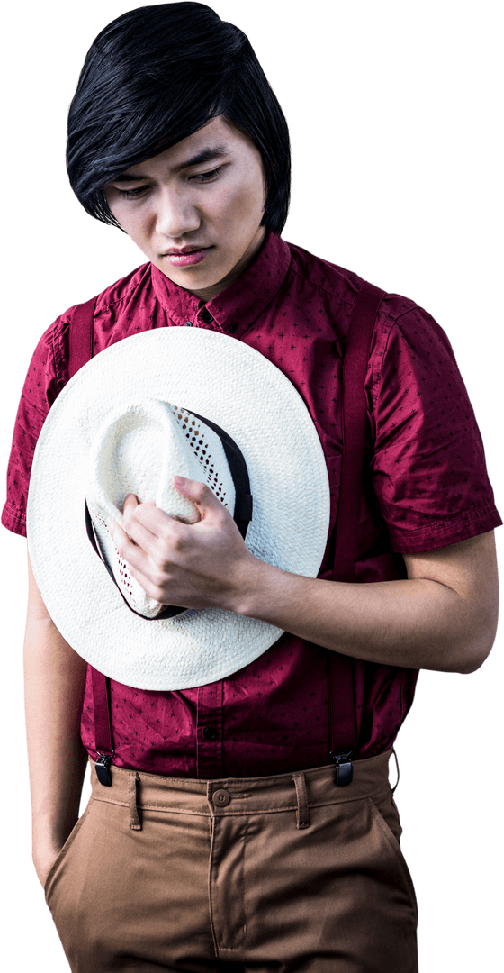 Thoughtful Hipster Holding Straw Hat Transparent Background