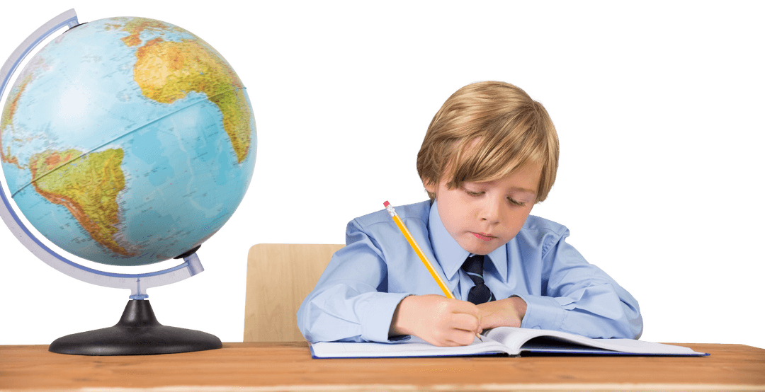 Caucasian Schoolboy Writing at Desk with Globe on Transparent Background