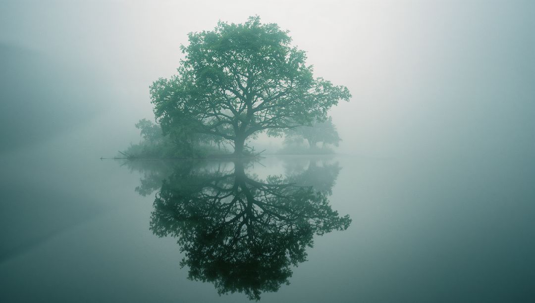 Solitary Tree Reflecting in Misty Lake Embrace