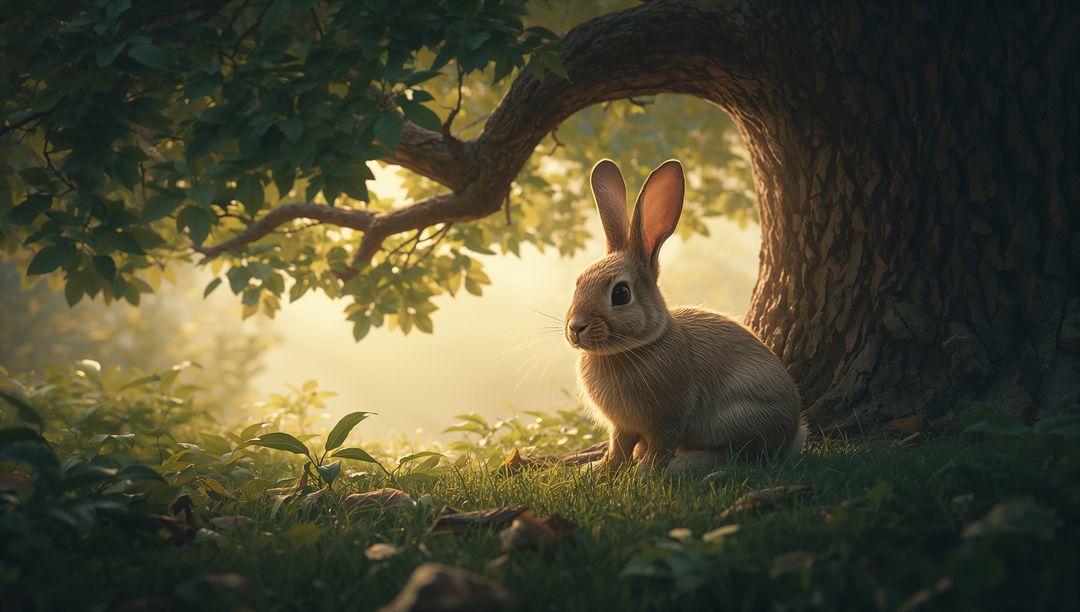 Golden-hour rabbit resting by ancient tree roots in sunlit woodland with soft moss