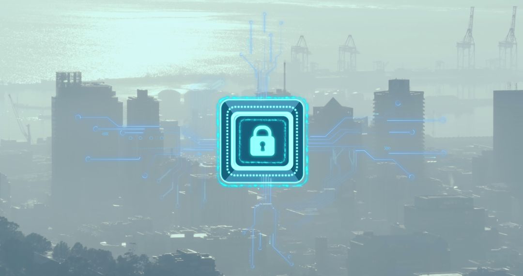 Cybersecurity Padlock Overlay on Foggy Cityscape