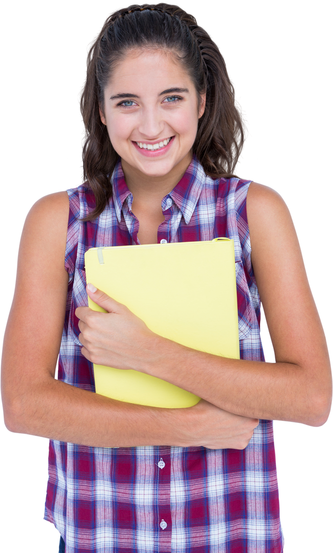 Smiling Brunette Young Woman Holding Yellow Notebook Transparent Background - Download Free Stock Images Pikwizard.com