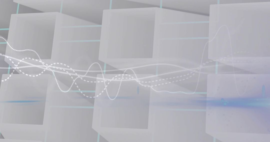 Translucent Waveforms Flowing Across Hollow Cube Grid for Minimal Data Visualization