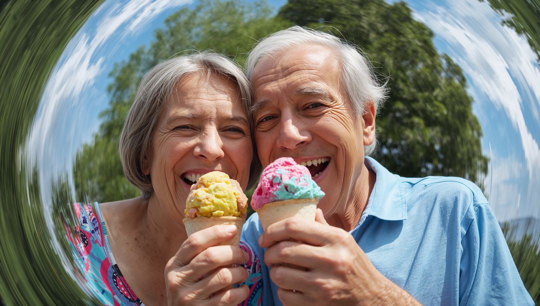 Senior couple enjoying colorful ice cream cones in sunny park, joyful summer moment