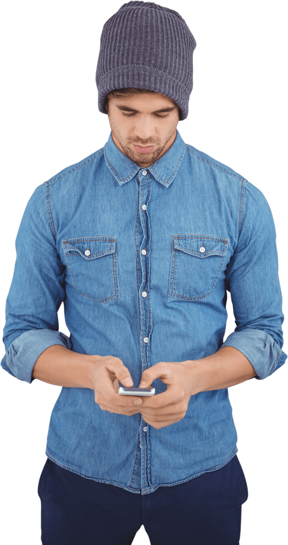 Stylish Bearded Man Using Smartphone in Transparent Background