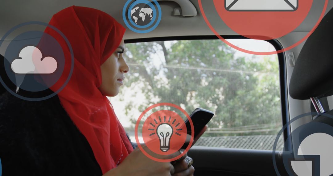 Woman in Hijab Networking on Smartphone with Digital Icons