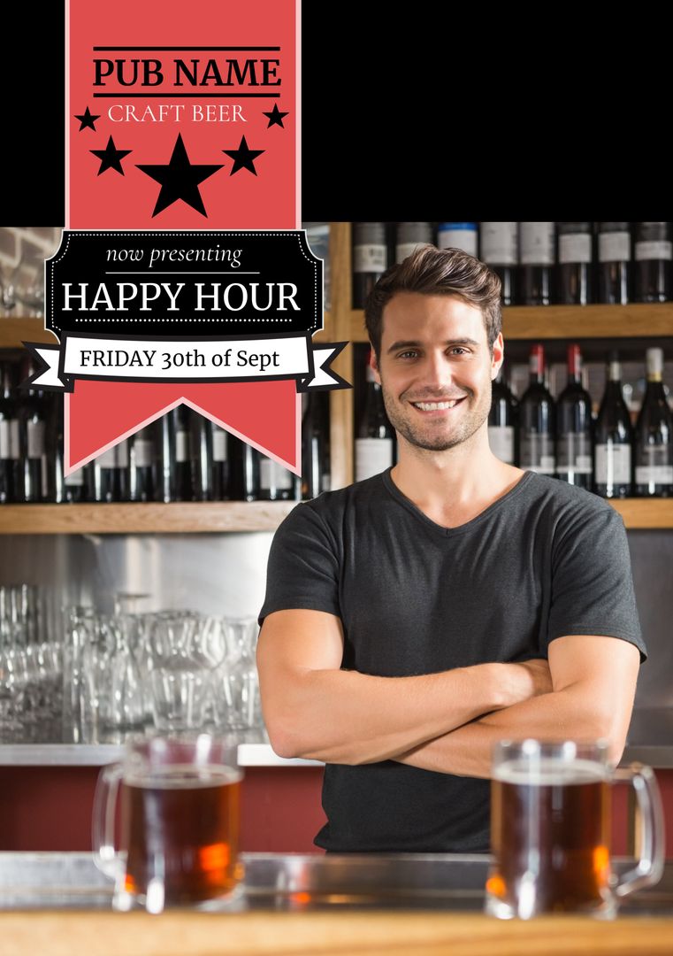 Happy Hour Ad with Bartender Promoting Craft Beer and Friendly Atmosphere - Download Free Stock Templates Pikwizard.com