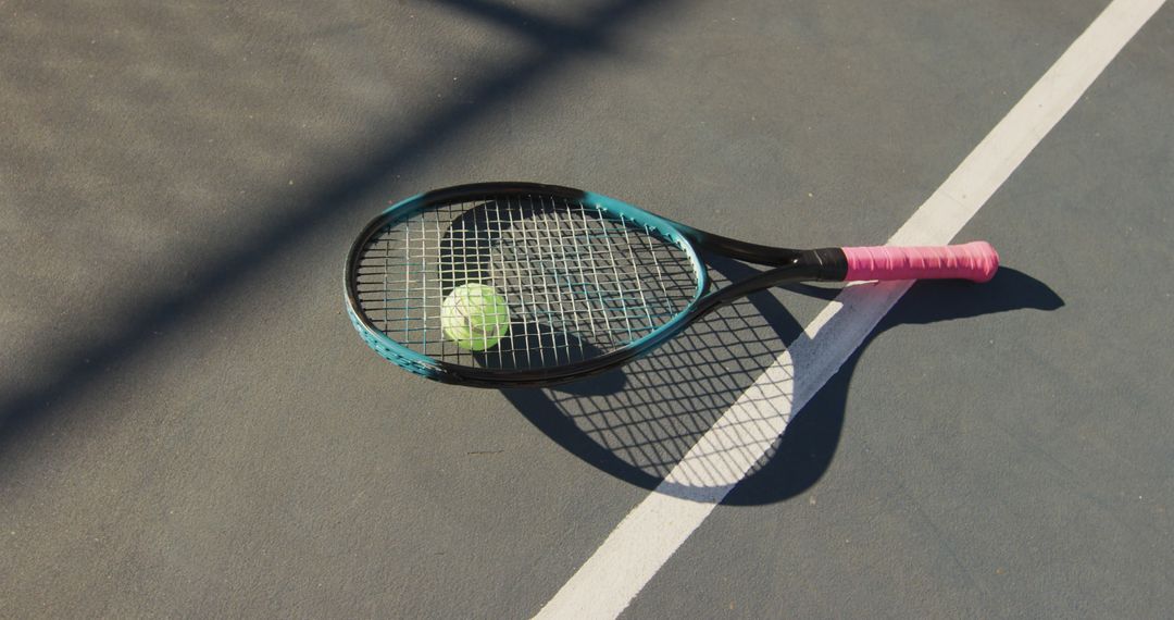 Image of tennis ball and racket lying on tennis court - Free Images, Stock Photos and Pictures on Pikwizard.com