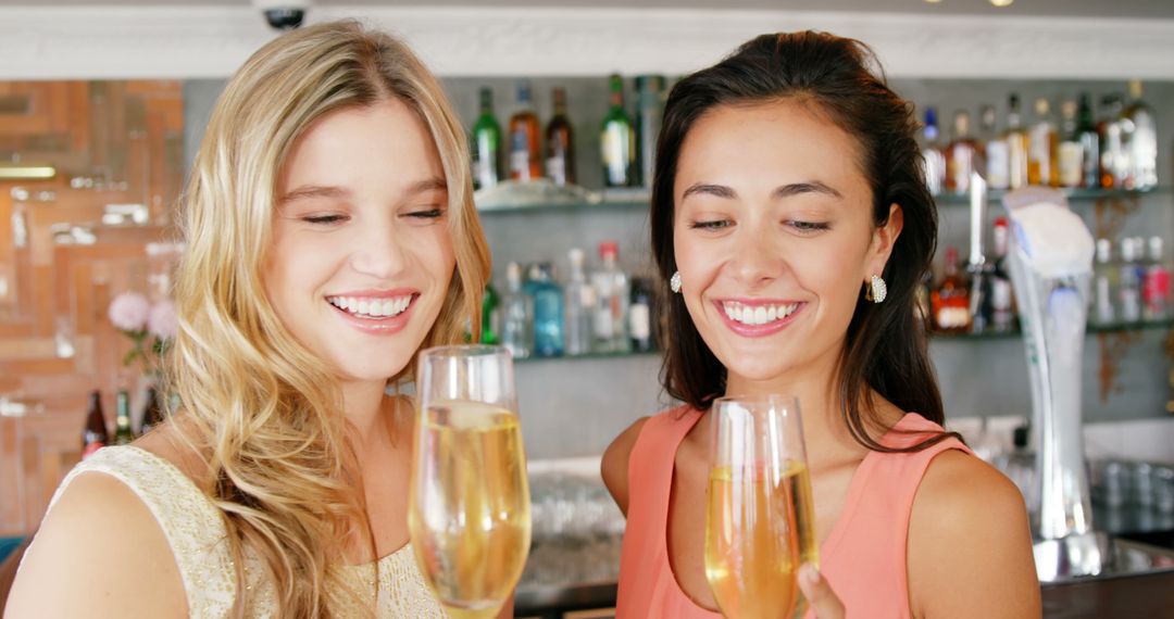 Young Women Toasting with Champagne in Elegant Bar - Free Images, Stock Photos and Pictures on Pikwizard.com