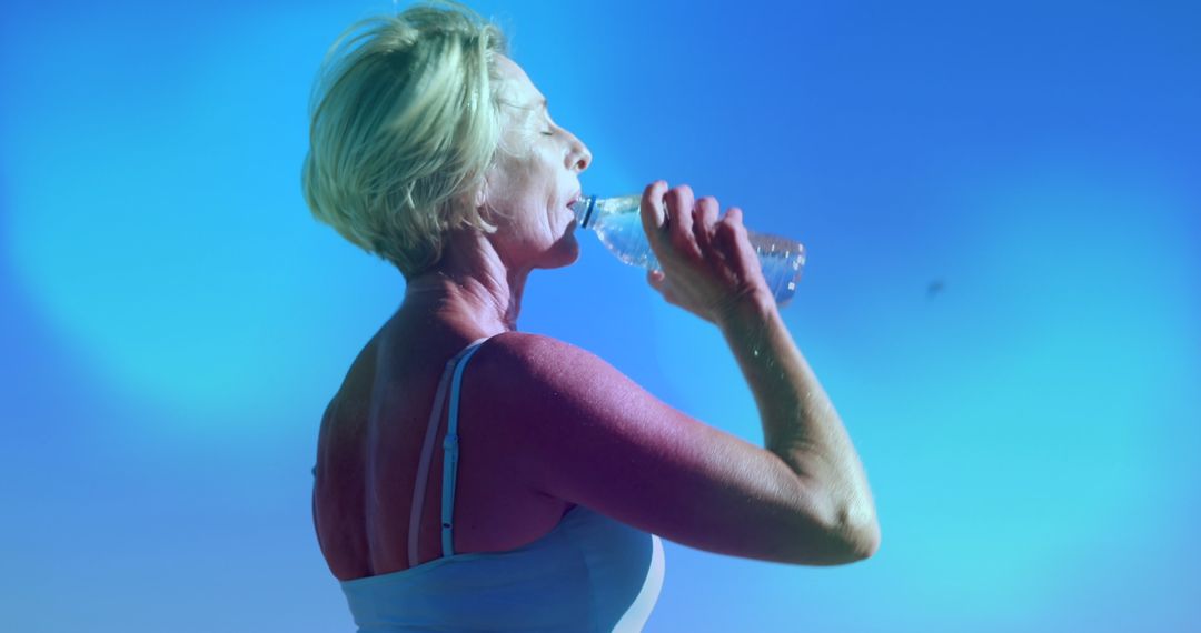Active Mature Woman Hydrating with Blue Light Effect