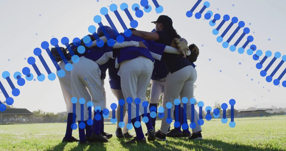 Women Softball Team Embracing DNA Overlay Symbolizing Team Unity